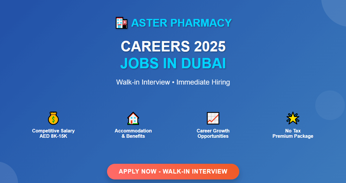 Aster Pharmacy Careers 2025 Walk-in Interview JOBS IN DUBAI